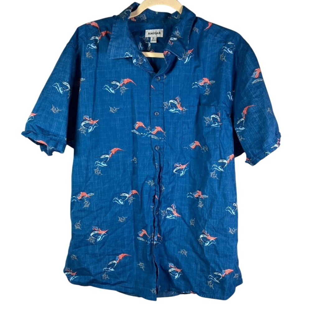 Haggar Mens XL Blue Marlin American Flag Print Short Sleeve Button Up‎ Shirt